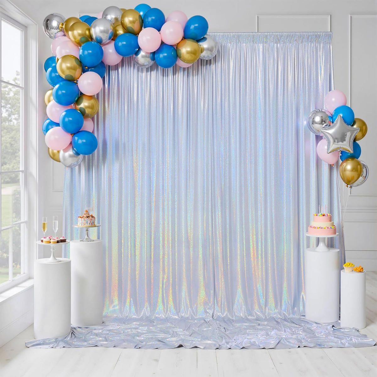 gogoparti 20x10FT Laser Silver Sequin Backdrop Curtain - 4 Panels of 5x10FT Wrinkle-Free Glitter