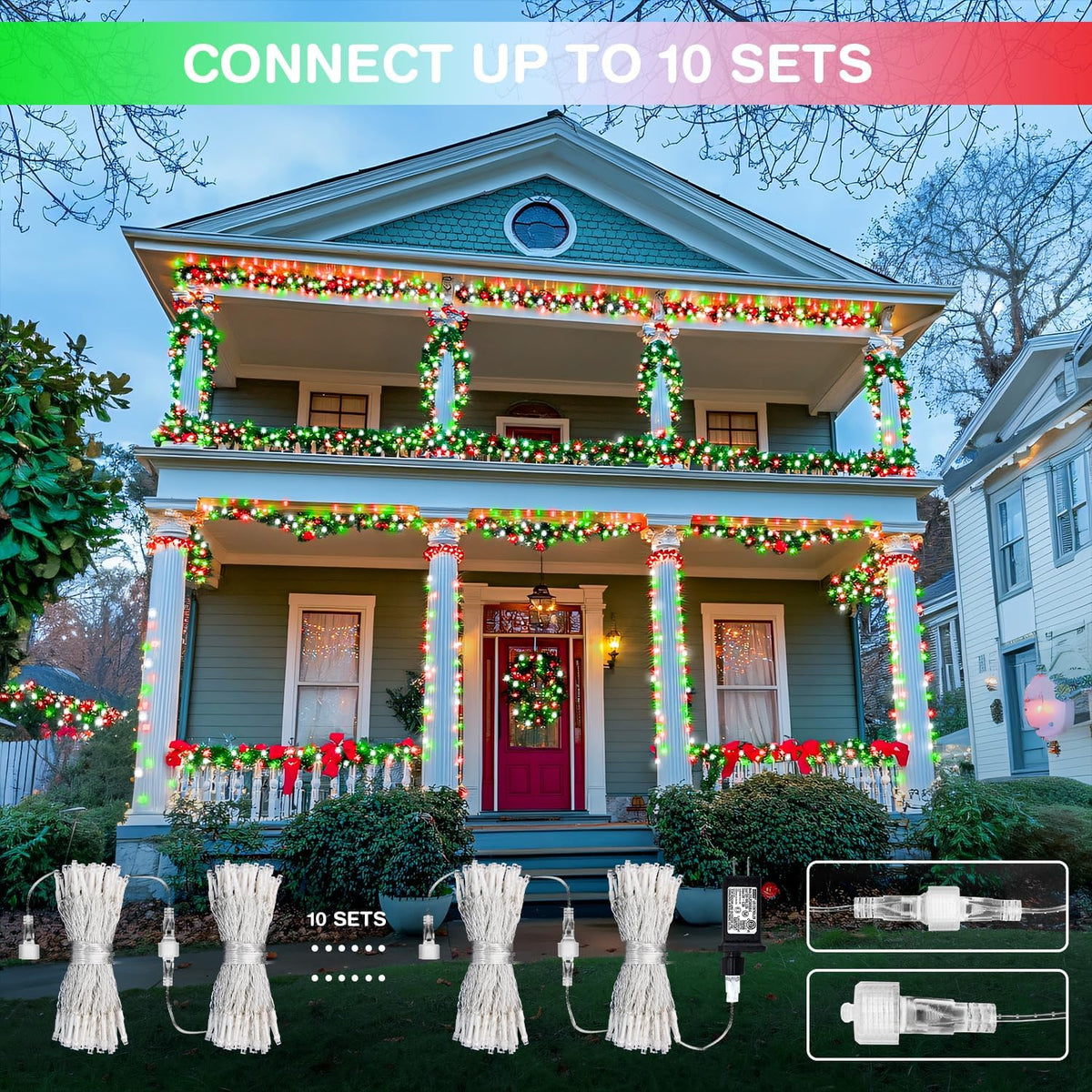 JMEXSUSS 500 LED Red White and Green Christmas Lights, 8 Modes 163ft String Light Plug in with