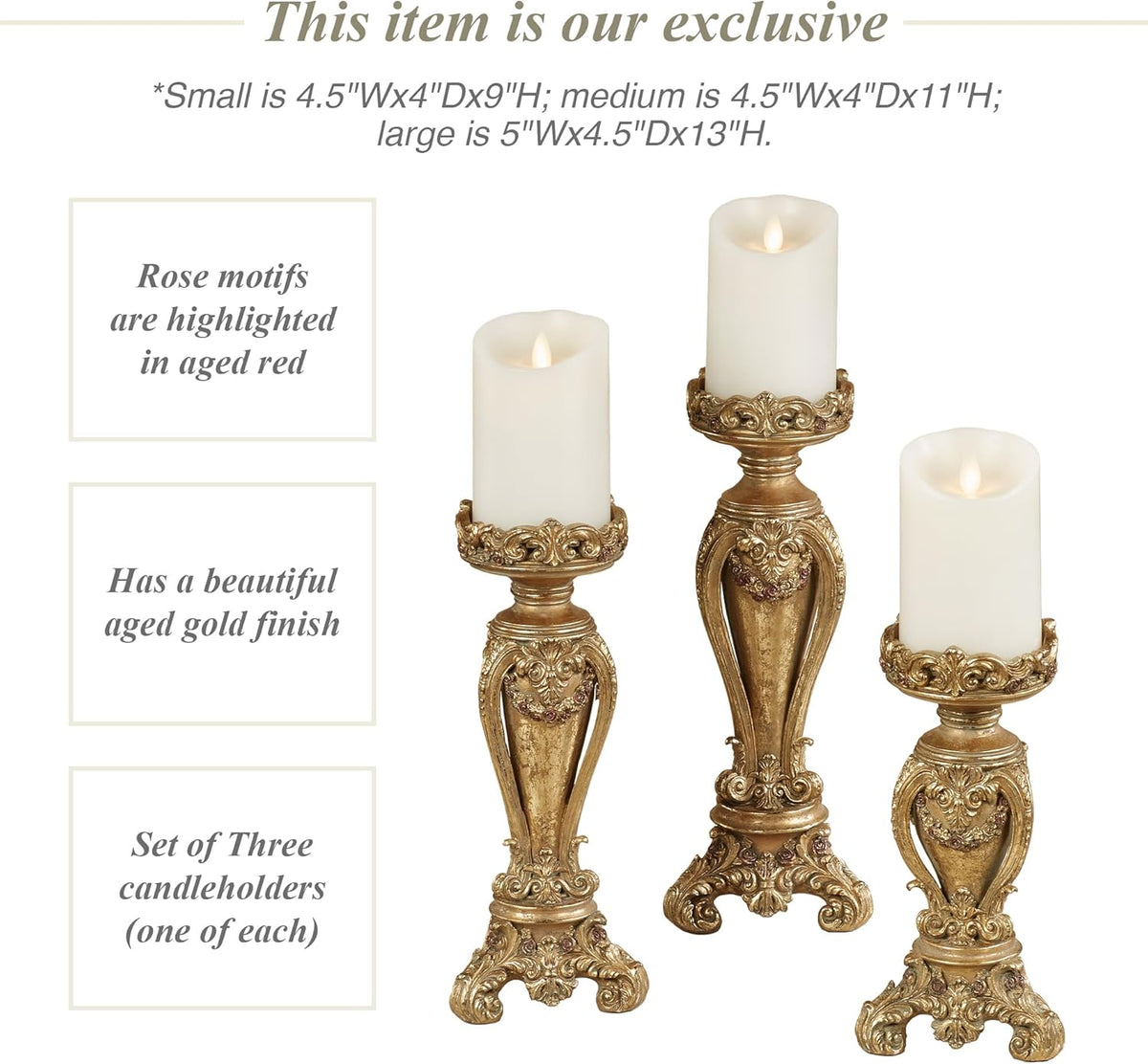 Touch of Class Angelique Ornate Candleholders Aged Gold Set of 3 - Victorian Style Table