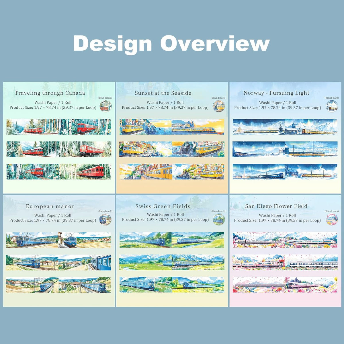 Train Scenery Washi Tape Set ??6 Rolls Travel & Nature Inspired with Clip for Scrapbook Journals