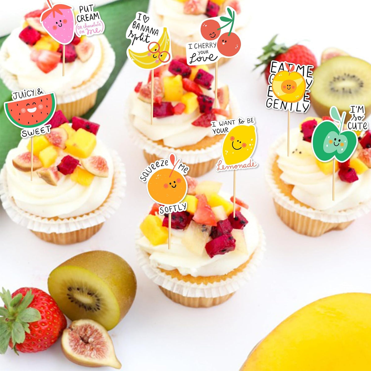 24pcs Tutti Fruity Fruit Cupcake Toppers - Tropical Summers Kids Happy Birthday Cake Toppers