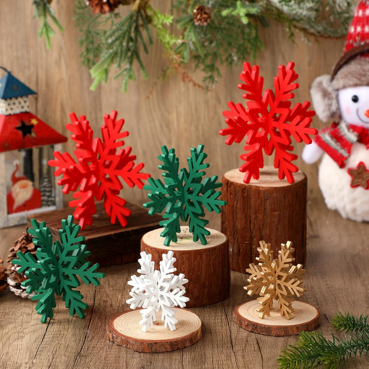 Bucherry 12 Pcs Wooden Snowflake Table Decor 3D Snowflake Tabletop Signs and Centerpiece for