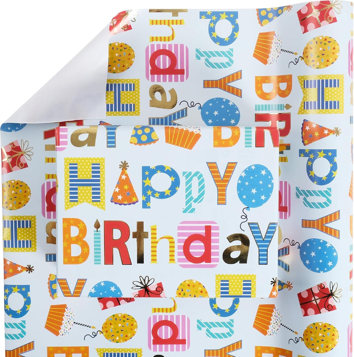 Aimyoo Blue Birthday Wrapping Paper Roll - 17 Inch X 16.4 Feet - Gold Foil Happy Birthday Lettering
