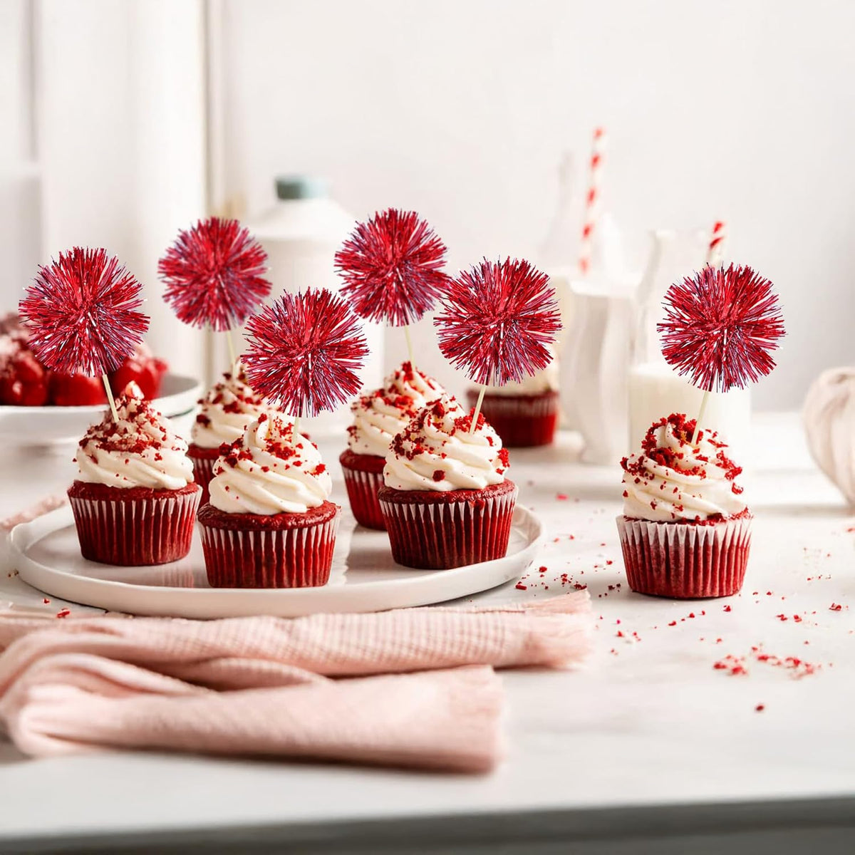 Ephlyn 30Pcs Foil Firework Cupcake Toppers Sparkle Tinsel Cupcake Picks Happy Birthday Cake Toppers