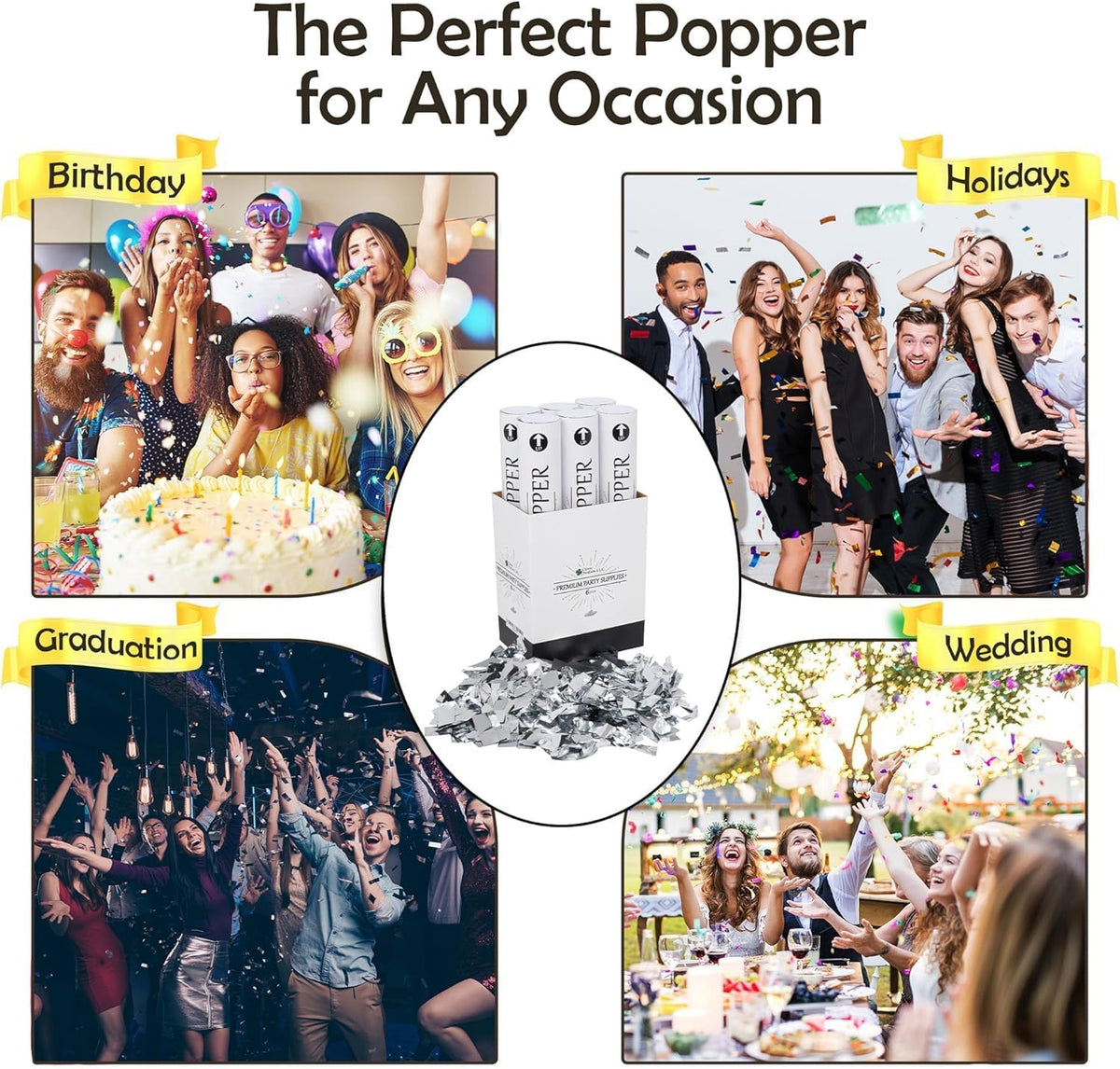 Confetti Cannons 12" – 6 Pack Gold Mylar Confetti Poppers | Party Poppers for Weddings, Birthdays