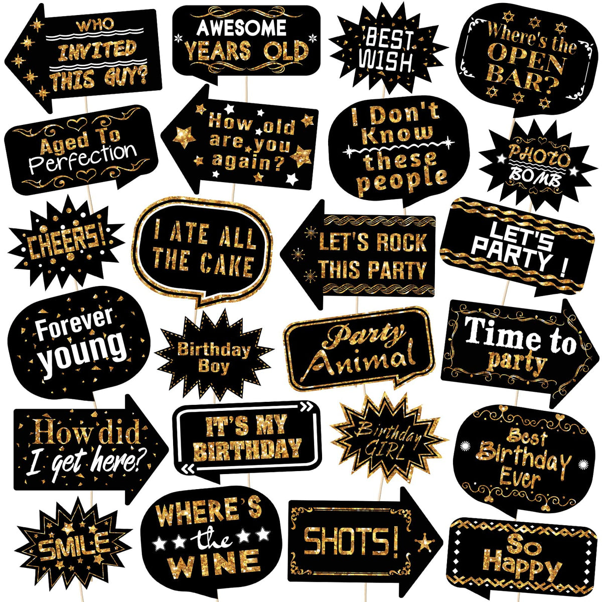 Outus 24 Pieces Photo Booth Props Birthday with Stick Happy Birthday Weddings Graduation Prom Bday