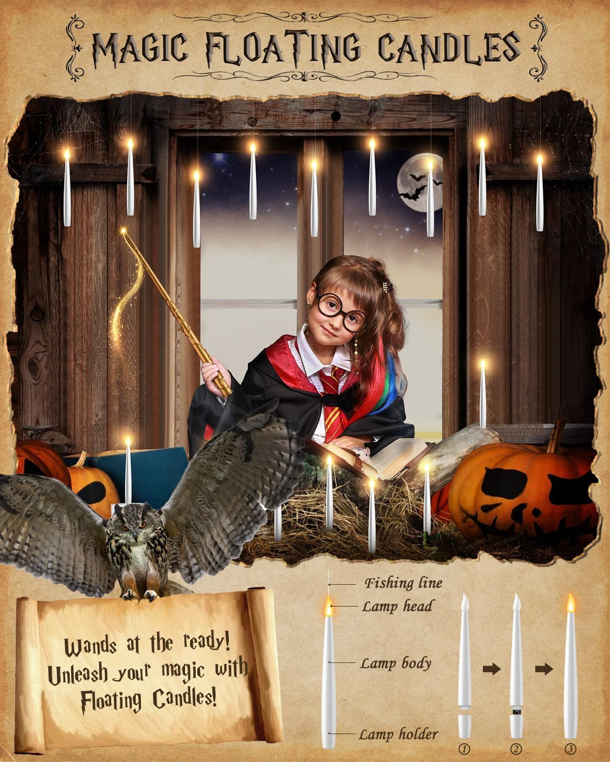 Floating Candles with Wand - 12 Pack Halloween Decorations Magic Flameless Candles Flickering Warm