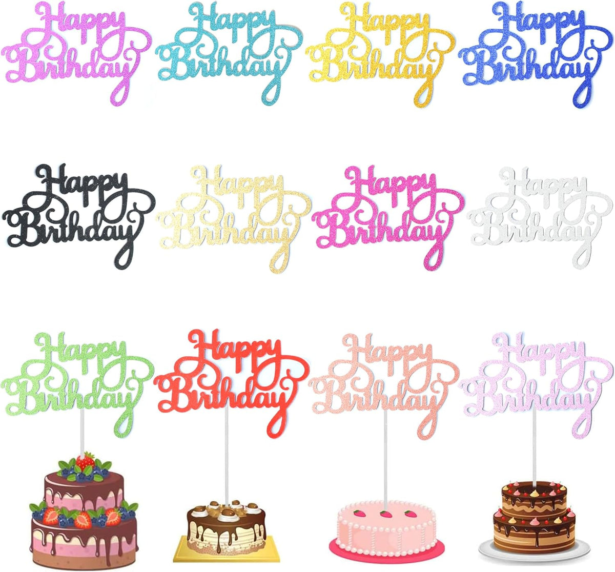 24 Pack Multi Colors Birthday Cake Topper Set, Glitter Cake Bunting Decor Birthday Cake Picks Party