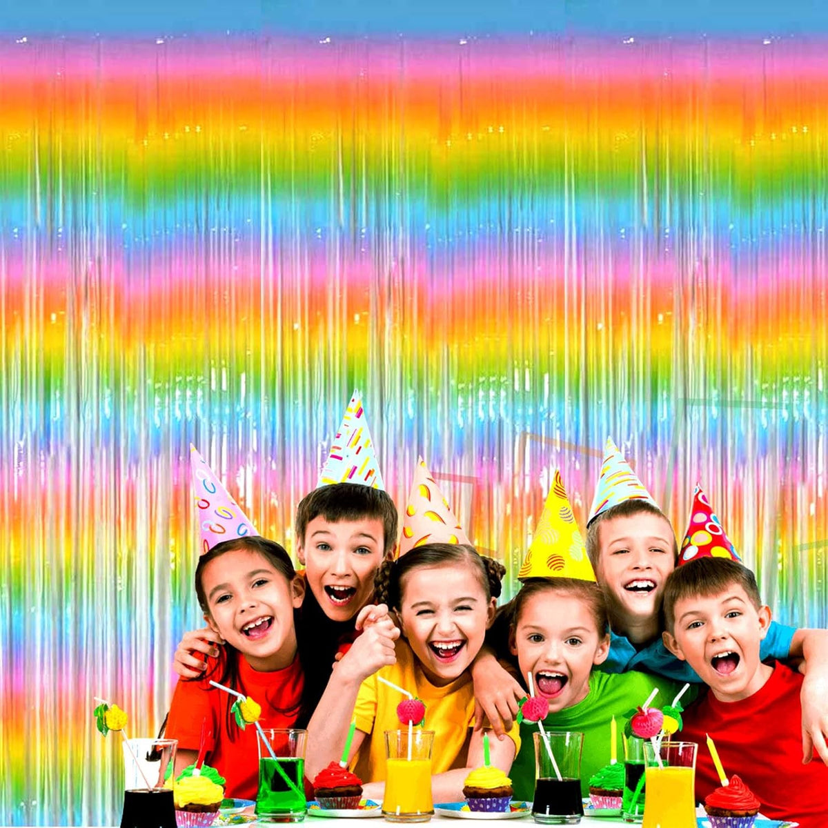 4 Pack Rainbow Tinsel Foil Fringe Curtain Backdrop, 3.28Ft x 8.2Ft Colorful Metallic Streamers for