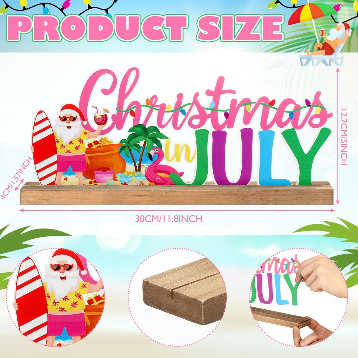 Christmas in July Metal Sign Rustic Table Decor Holiday Tiered Tray Decor with Wooden Base