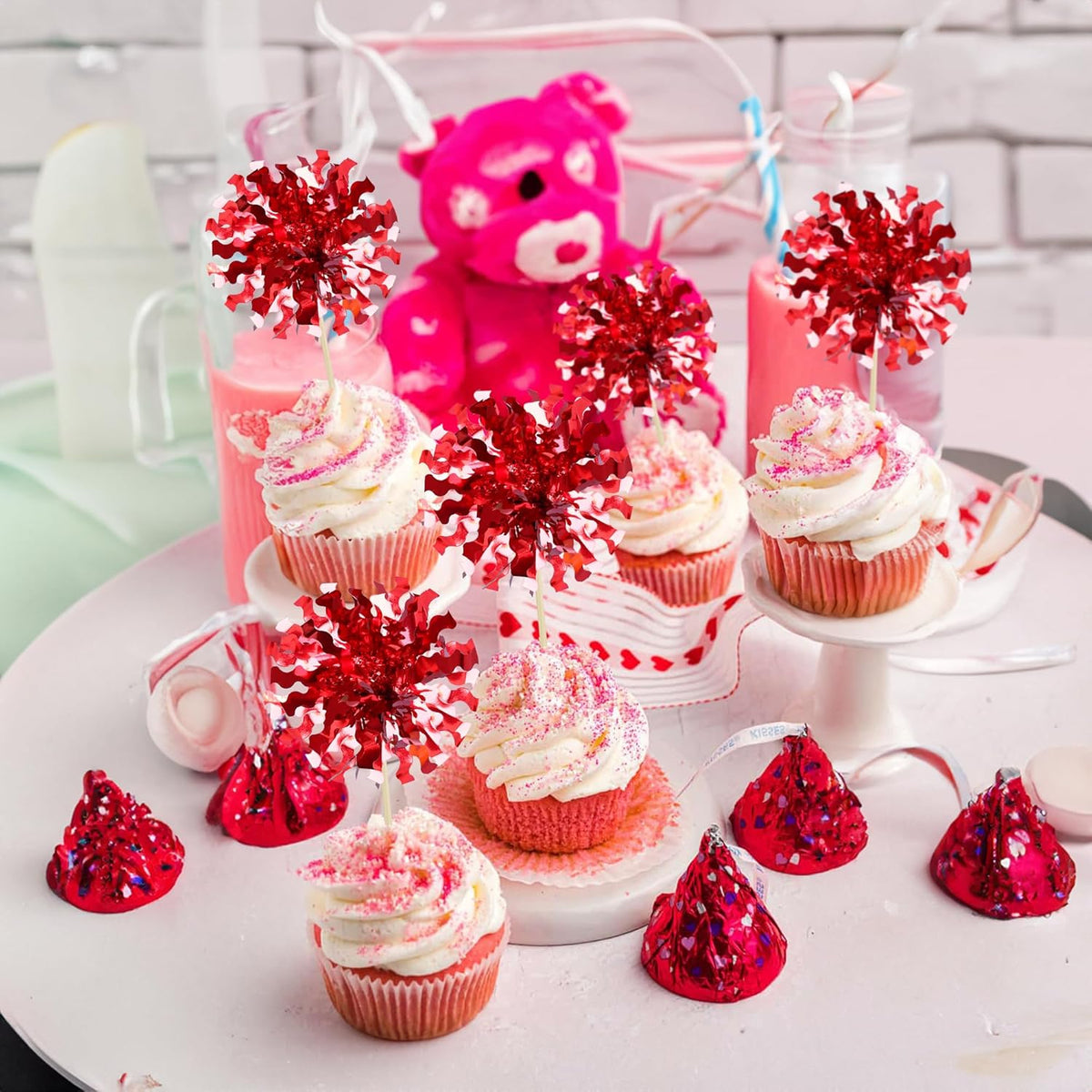 Ephlyn 30Pcs Foil Firework Cupcake Toppers Happy Birthday Cake Toppers Tinsel Flower Drink Stirrers