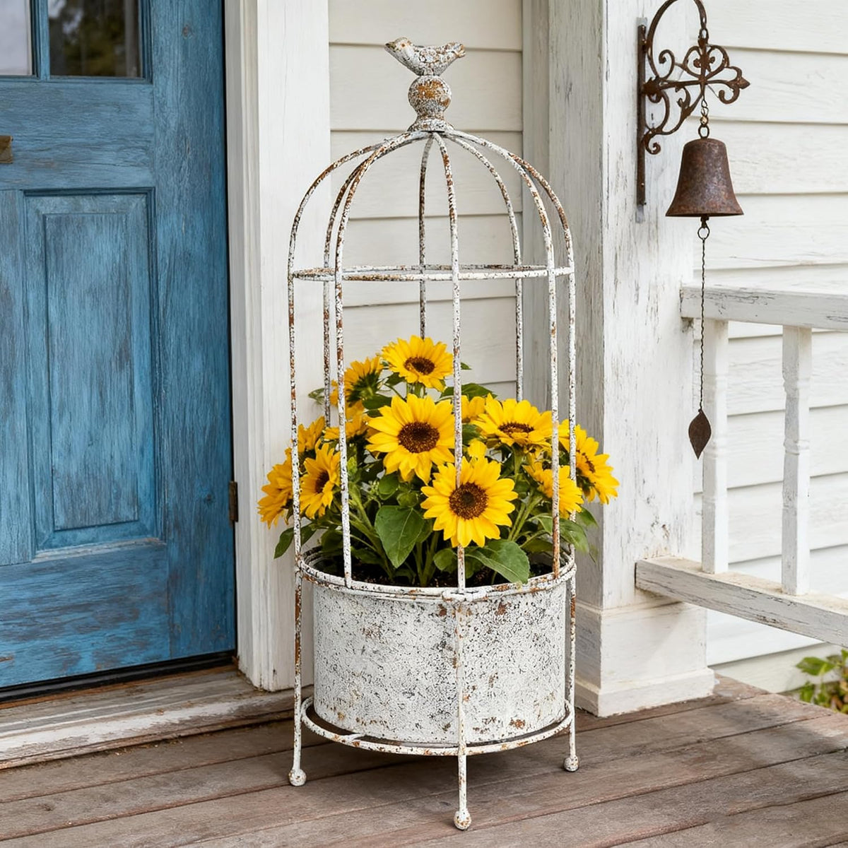 Vintage Rustic Birdcage Planter Stand, Farmhouse Distressed Decorative Metal Round Plants Holder
