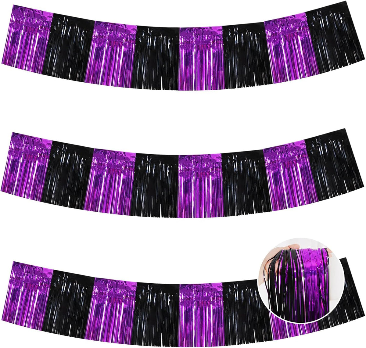 BEISHIDA 3 Packs Metallic Foil Fringe Garland Black Purple Wall Hanging Tinsel Fringe Banners for