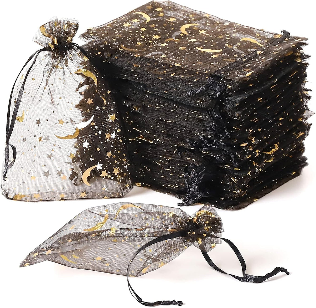 100PCS Moon Star Organza Bags - 4x6" Wedding Favors with Drawstring, Black Organza Gift Pouch for