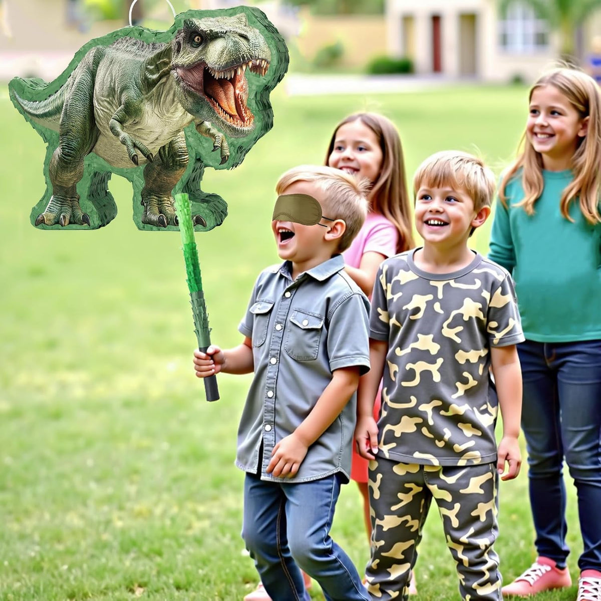 WERNNSAI Dinosaur Piñata - Jungle Dinosaur Piñata Bundle with Blindfold and Bat for Kids Boys