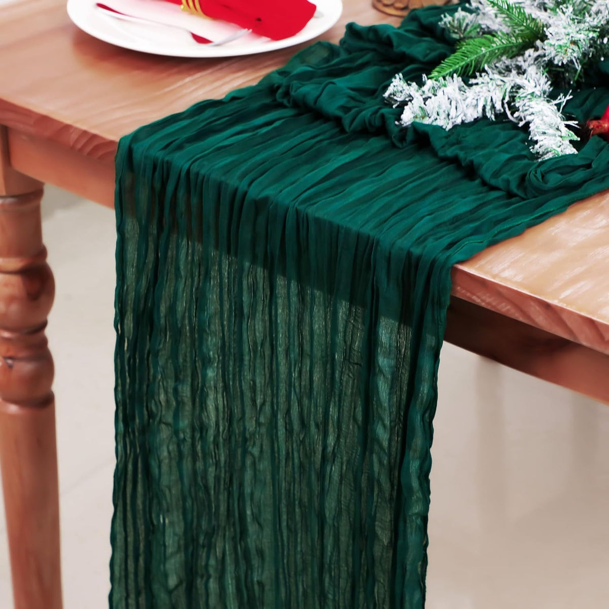 Snowkingdom Emerald Green Table Runner 120 Inch 10 Ft Rustic Boho Dark Green Cheese Cloth Runner