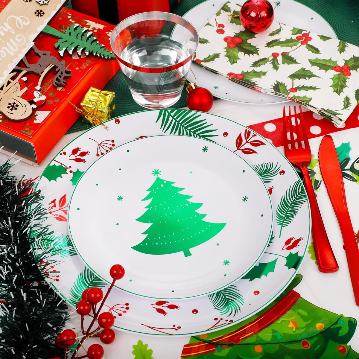 Festiva 176Pcs Christmas Plastic Plates Heavy Duty- Christmas disposable Dinnerware Set-include