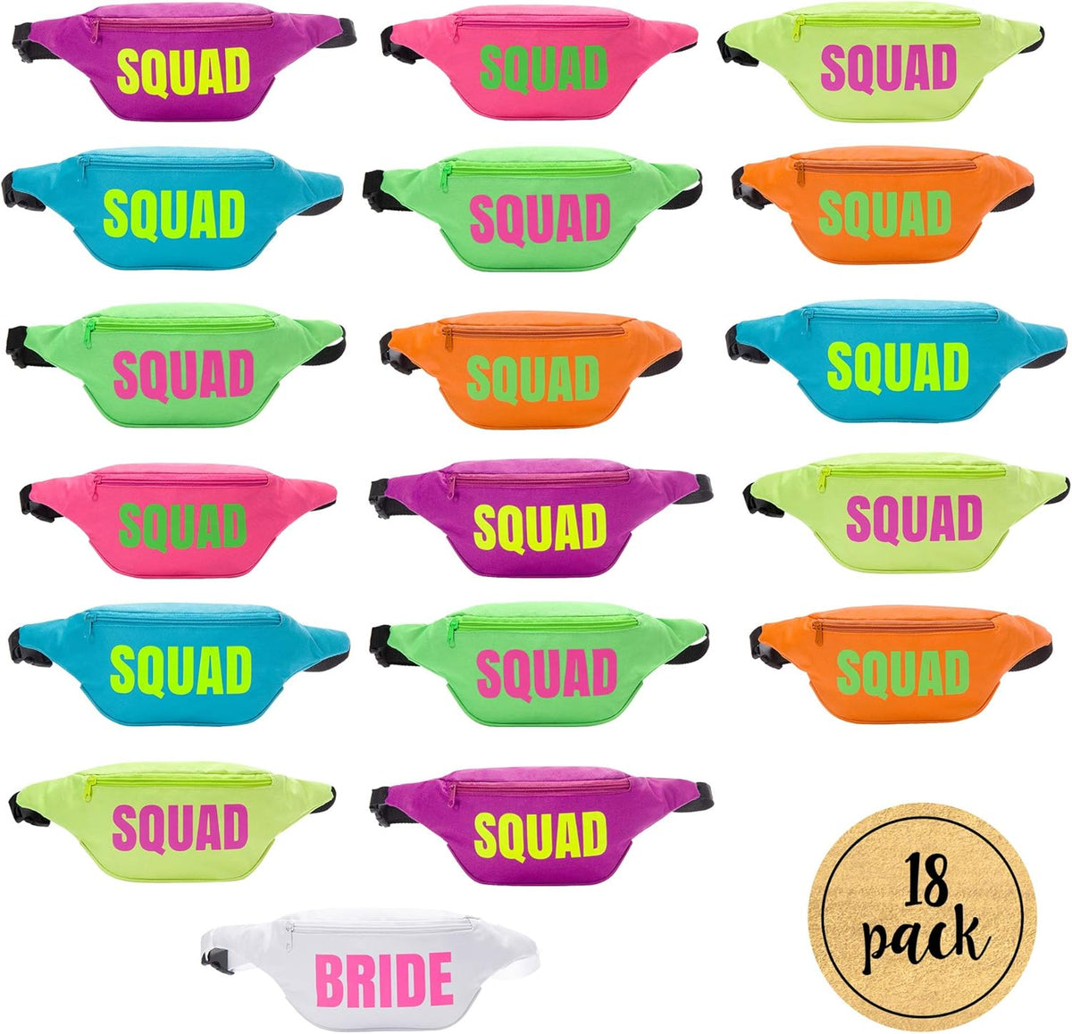 Bachelorette 80s Fanny Pack Set | 18 Pack | 1 Bride Fanny Pack and 17 Squad Fanny Packs |