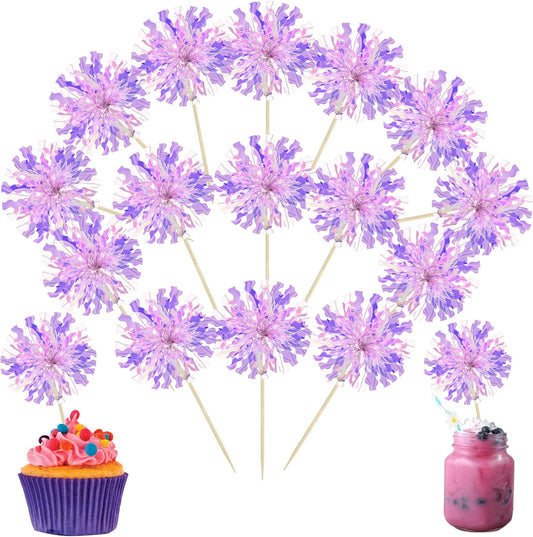 Ephlyn 30Pcs Foil Firework Cupcake Toppers Sparkle Tinsel Cupcake Picks Happy Birthday Cake