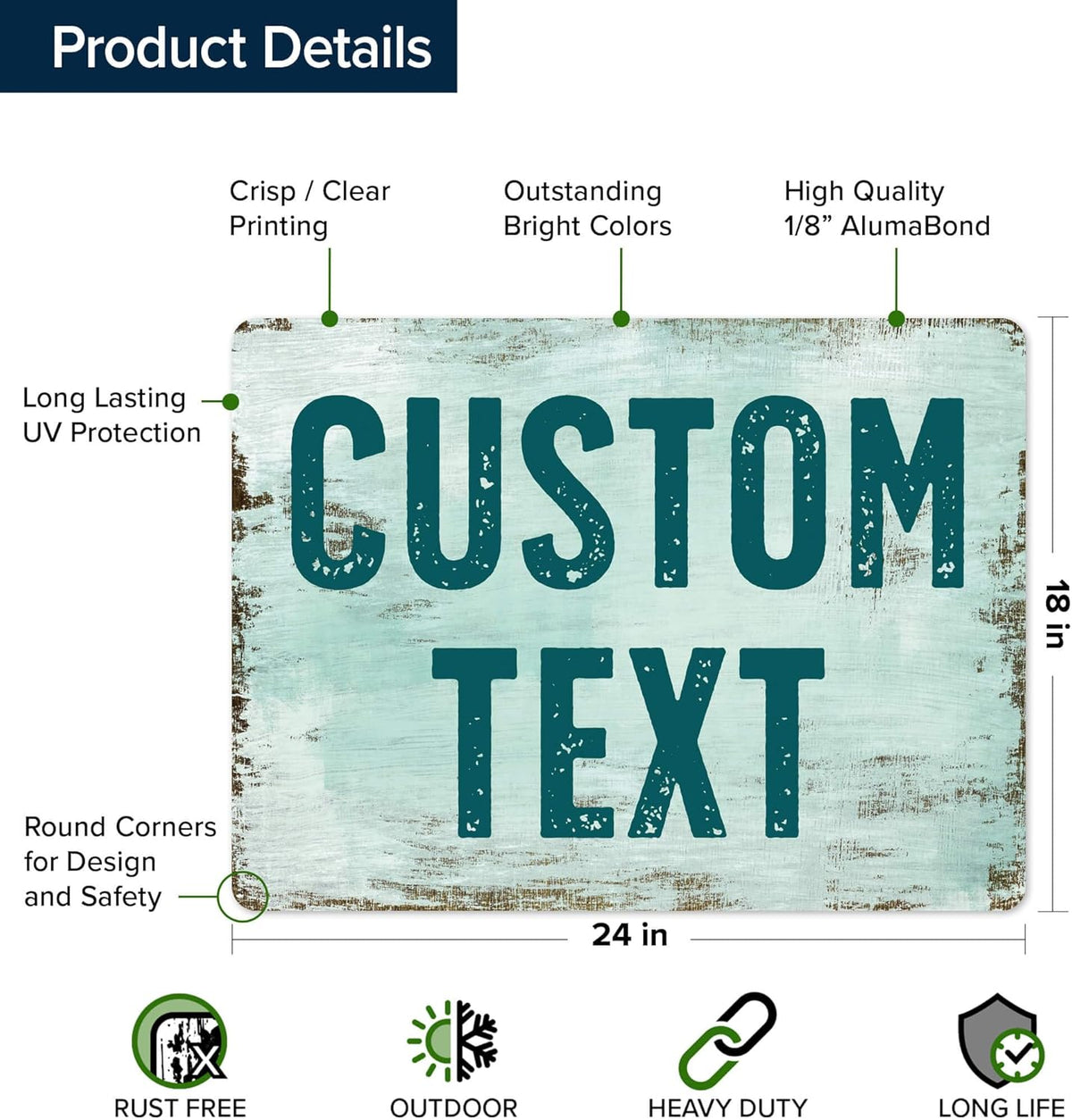 Custom Sign, Custom Street Sign, 11 Font Colors, 13 Font Styles, 4 Hole Options, 22 Sizes, 18x24