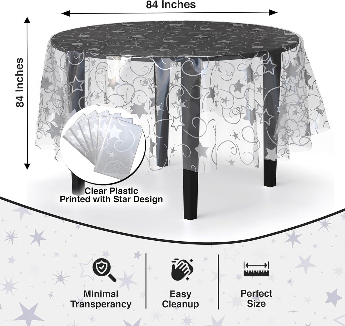 Exquisite Clear Silver Star Tablecloth Plastic 12-Pack Disposable Round Tablecloths 84" Silver Star