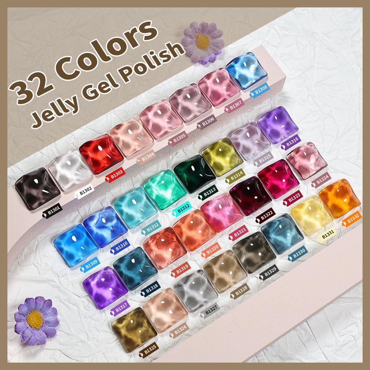 JODSONE Jelly Gel Nail Polish Kit 32 Classic Colors Crystal Transparent High Shine Base & Top Matte