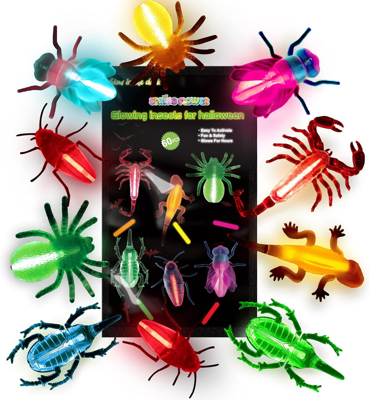 SpringFlower 60pcs Halloween Glow Critters Set for Halloween Party Favors,18 Critters Toys and 42