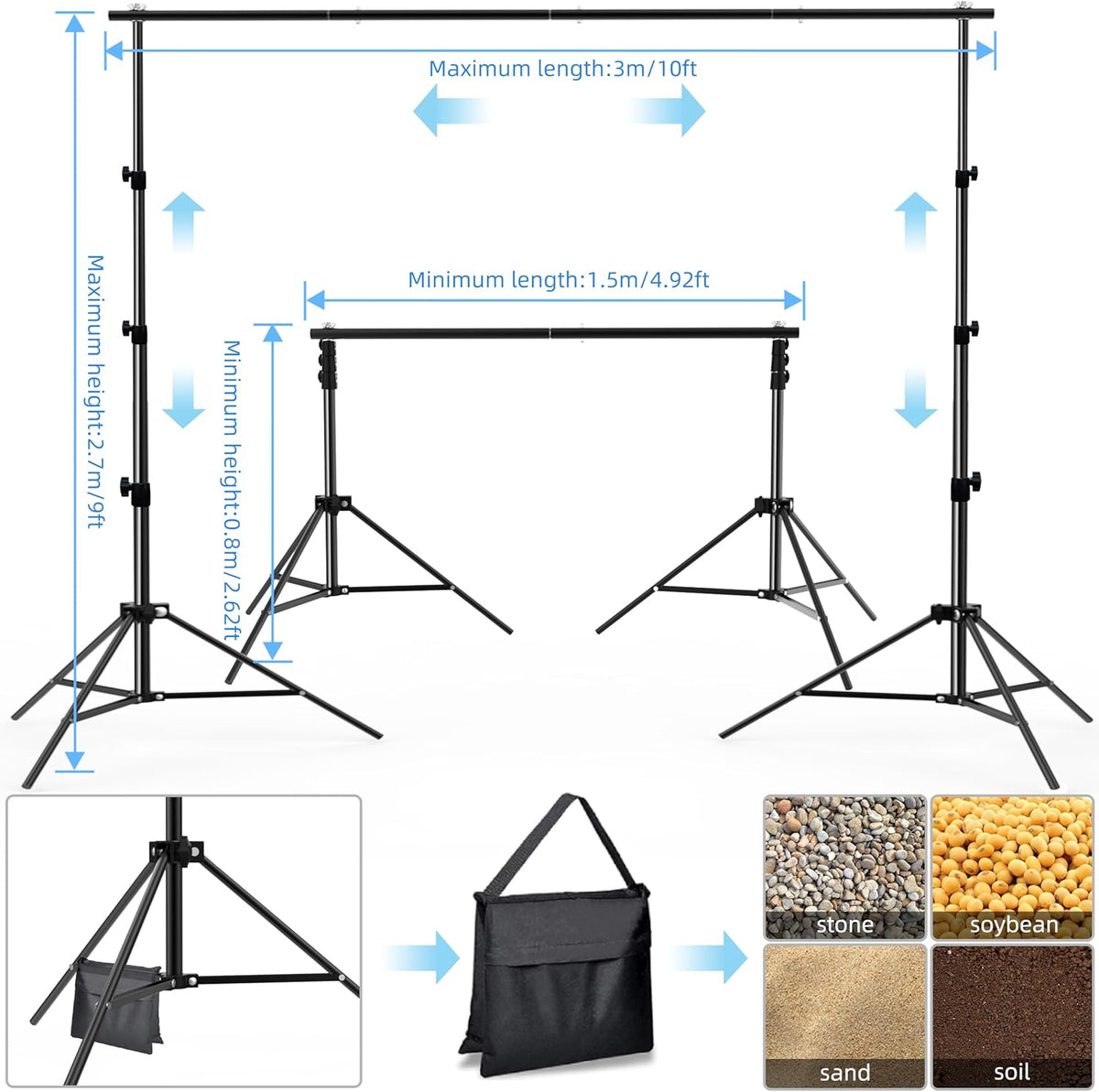 Photo Backdrop Stand, 10x9ft(WxH) Adjustable Photography Backdrop Stand, Aluminum Alloy Studio