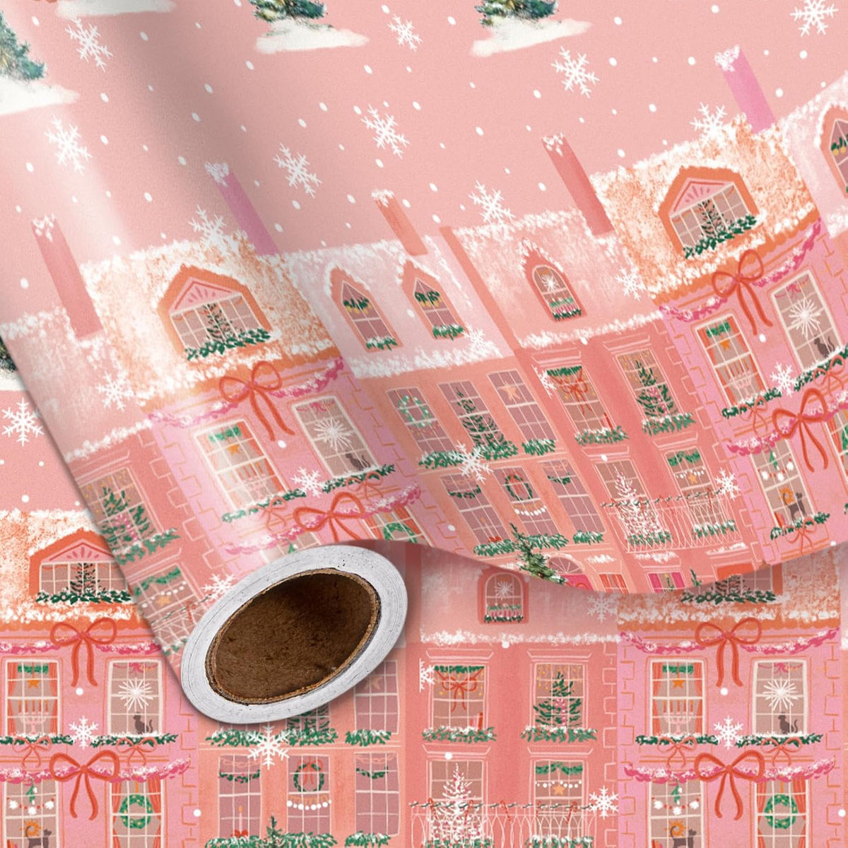 LeZakaa Pink Christmas Wrapping Paper Roll for Girls Kids, Winter Street Scene Romantic Townhouse