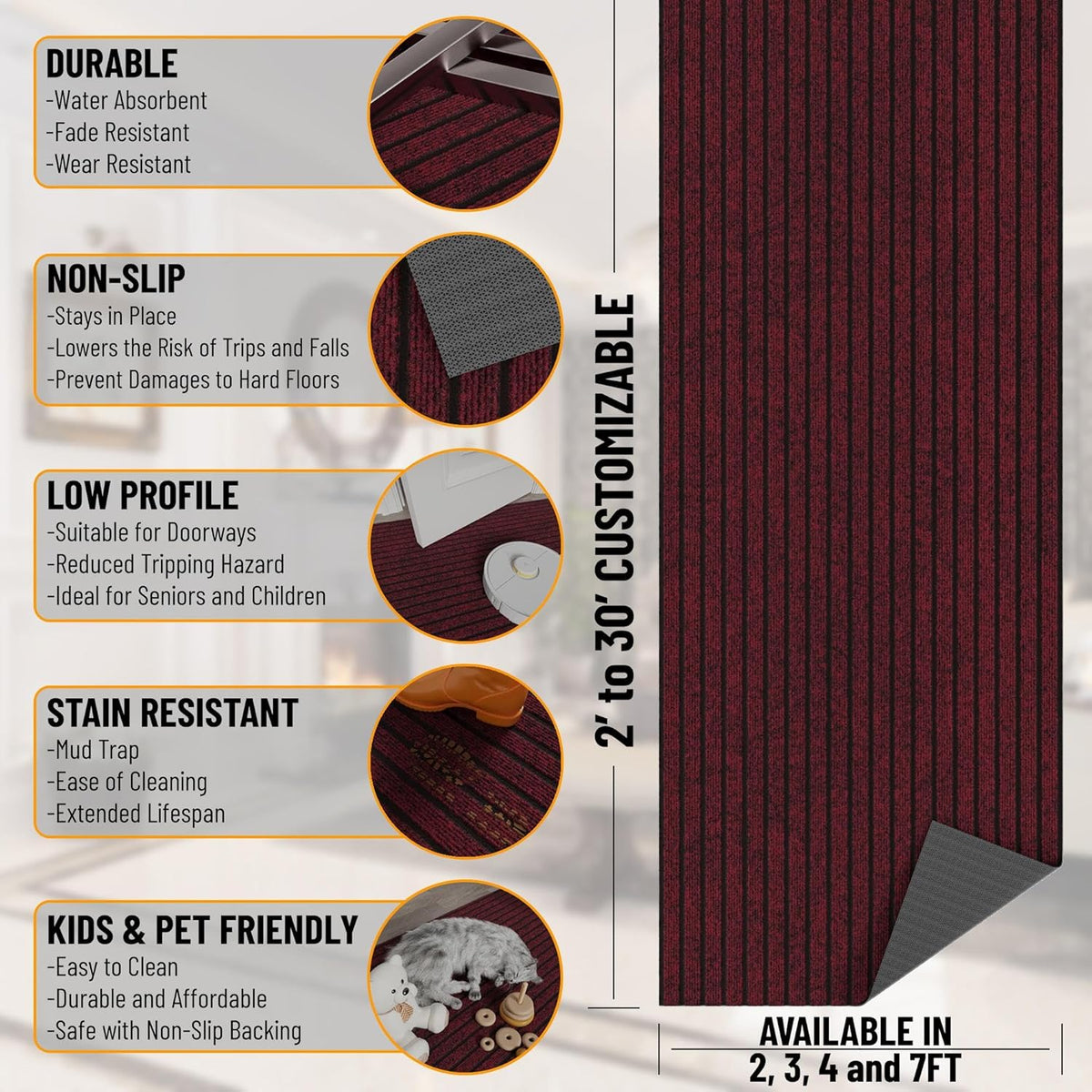 Ottomanson 2' x 10' Hallway Runner with Scraper Pile - Extra Durable Non-Slip Rug Mat for Indoor &