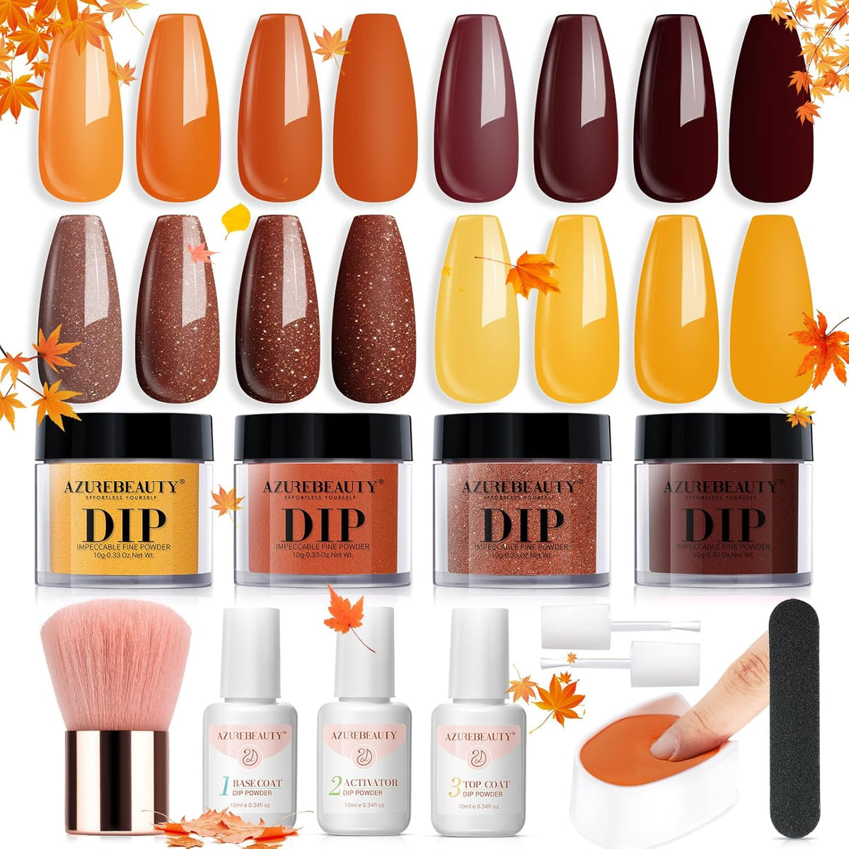 AZUREBEAUTY Dip Powder Nail Kit Starter, Fall Winter Yellow Orange Brown Glitter 12 Pcs 4 Colors