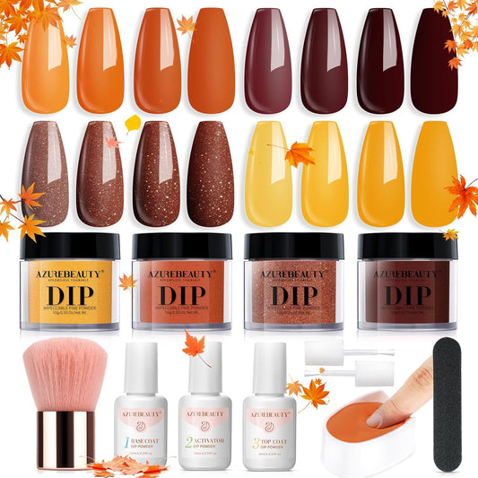 AZUREBEAUTY Dip Powder Nail Kit Starter, Fall Winter Yellow Orange Brown Glitter 12 Pcs 4 Colors