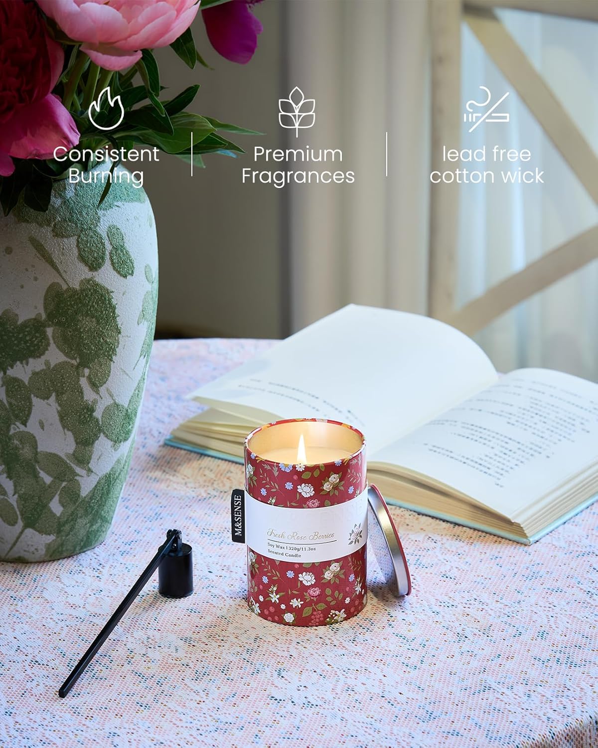 M&SENSE Fresh Rose Berries Scented Candle, Medium Jar Candle 11.3oz Natural Soy Wax for Home