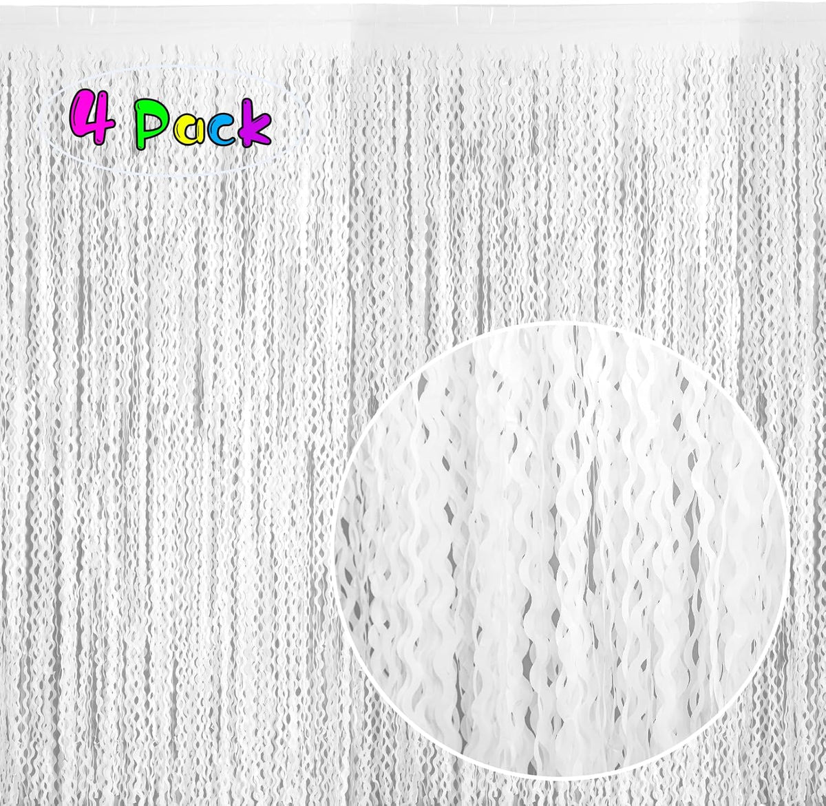 4 Pack White Door Streamers Foil Backdrop - 3.3x6.6ft Metallic Tinsel Foil Fringe Curtains Photo