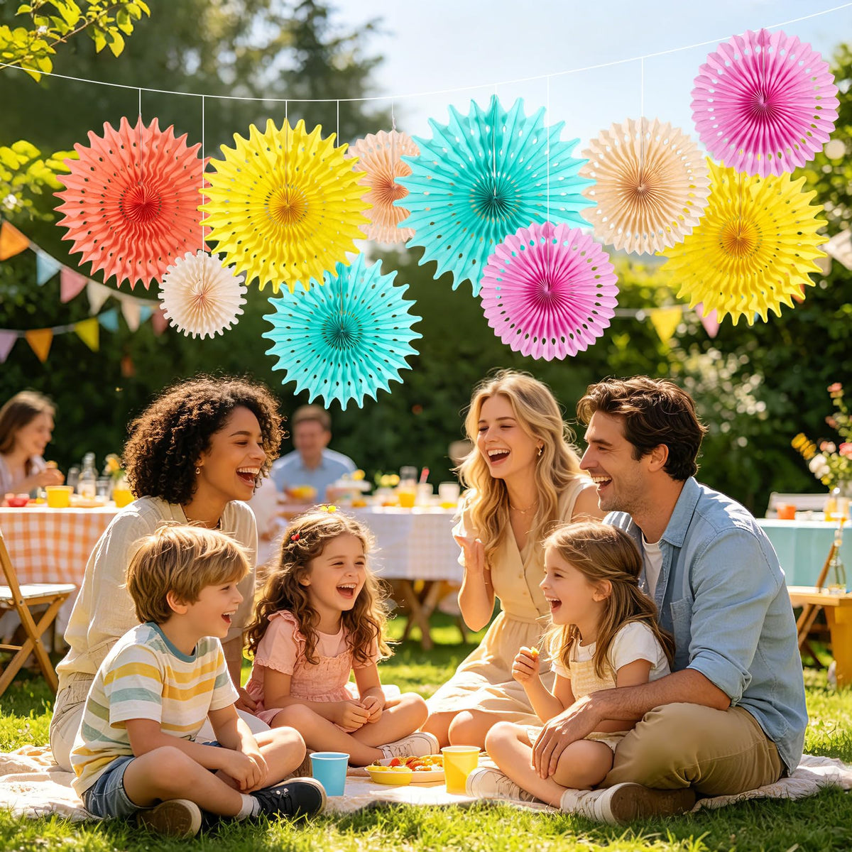 SUNBEAUTY Pack of 11 Peach Pink Yellow Mint Green Hanging Honeycomb Round Paper Fans for Birthday