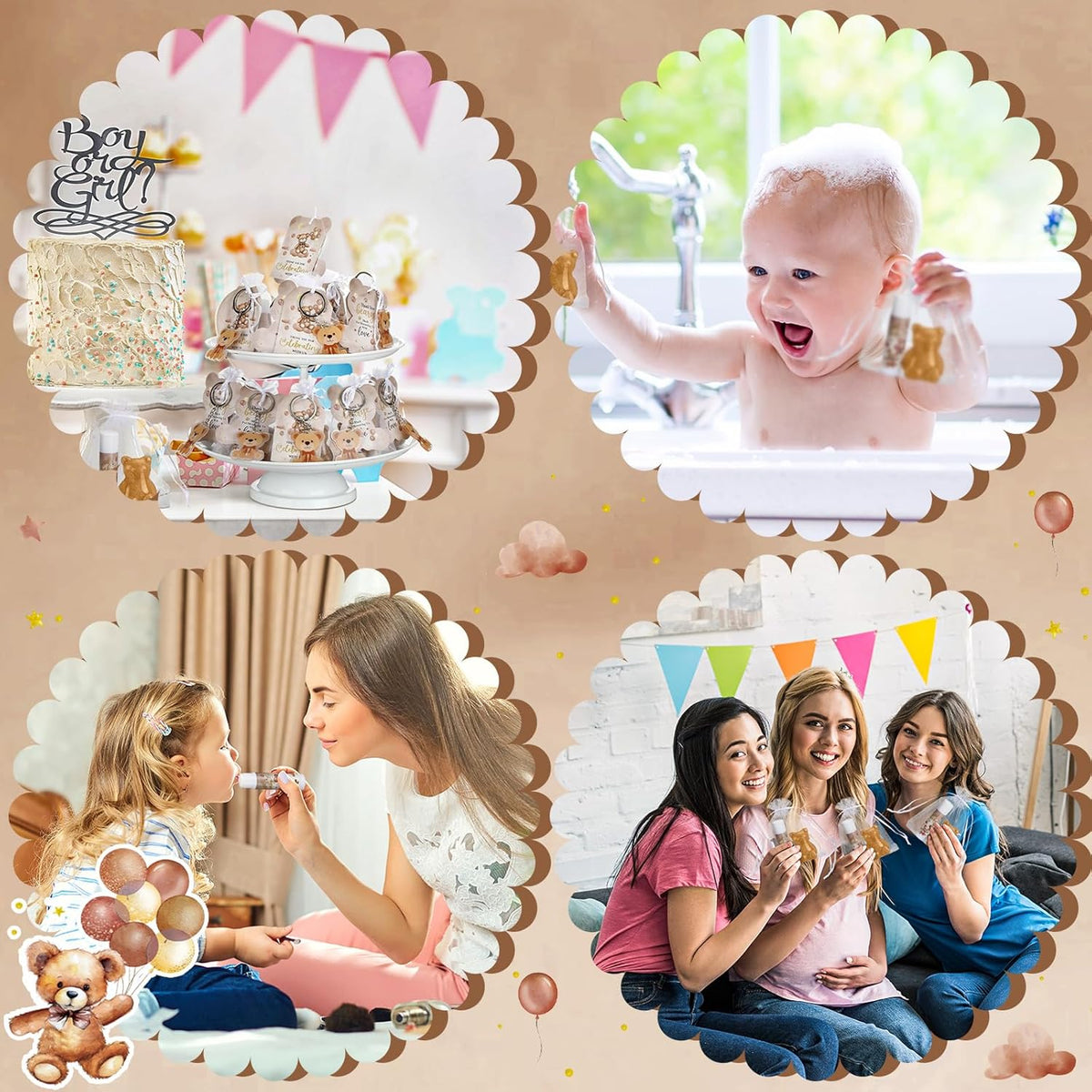 288 Baby Shower Favors: 48 Sets of Lip Balms, Soaps, Keychains, Organza Bags, Thank You Tags &