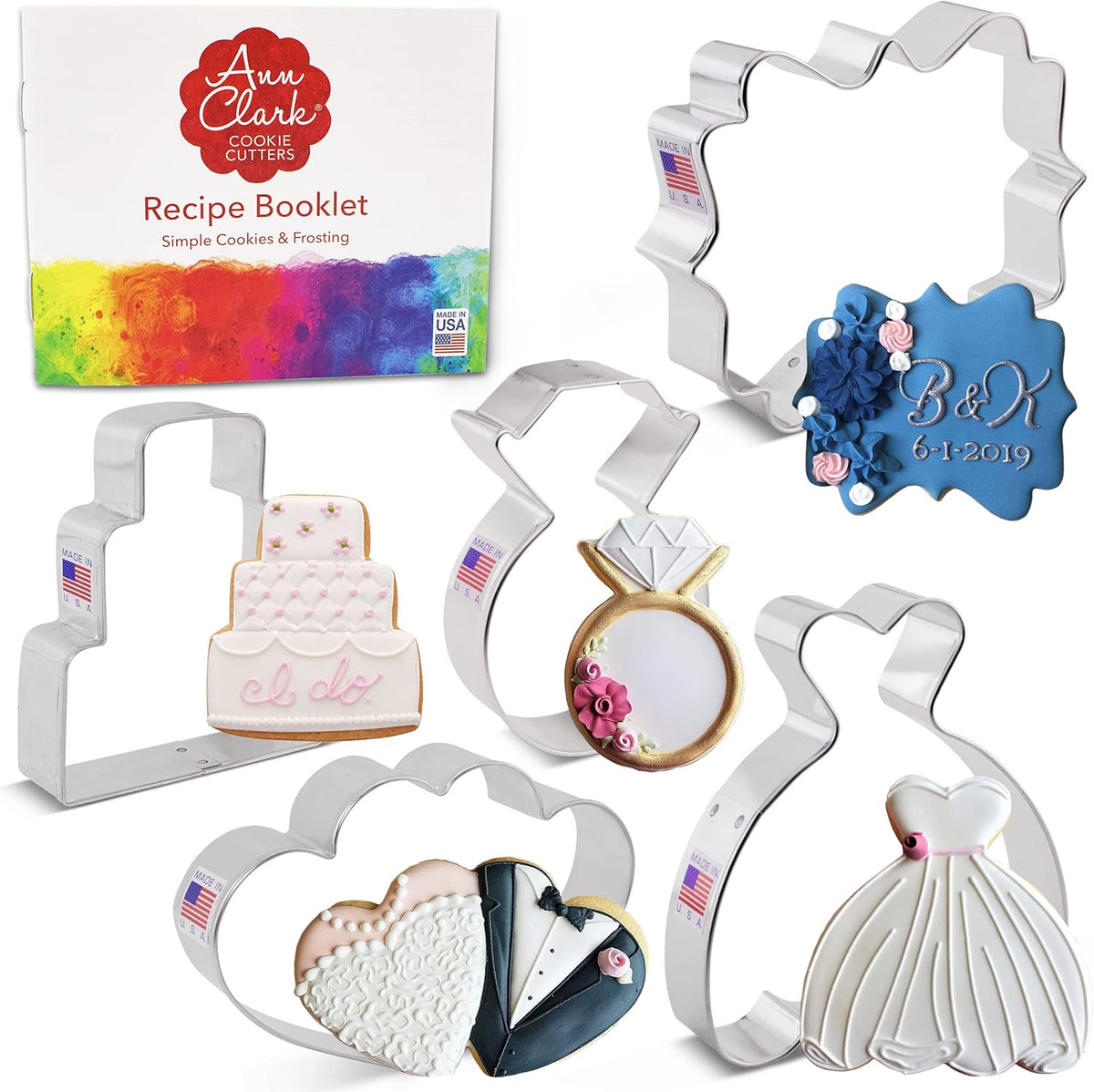 Ann Clark Cookie Cutters Wedding Cookie Cutters 5-Pc Set Made in the USA, Square Plaque, Wedding