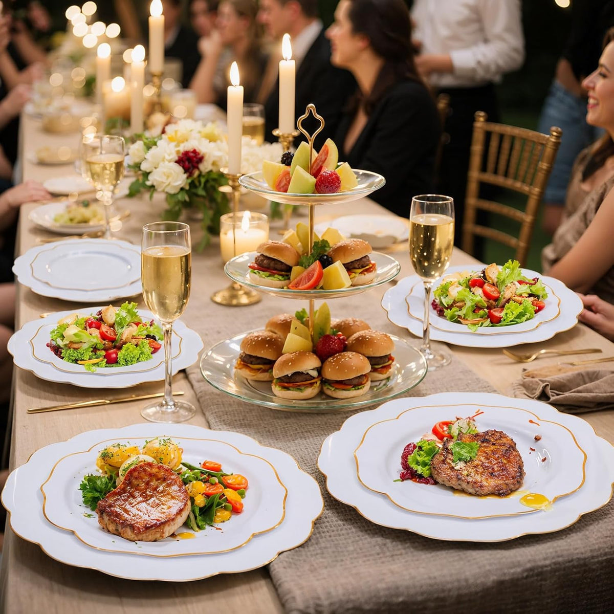 bUCLA 180PCS White and Gold Plastic Plates Disposable - White with Gold Rim Dinnerware Set Include
