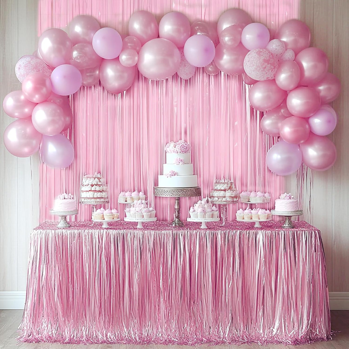 4 Packs Pastel Pink Foil Fringe Curtain, Baby Pink Metallic Tinsel Backdrop for Birthday, Wedding