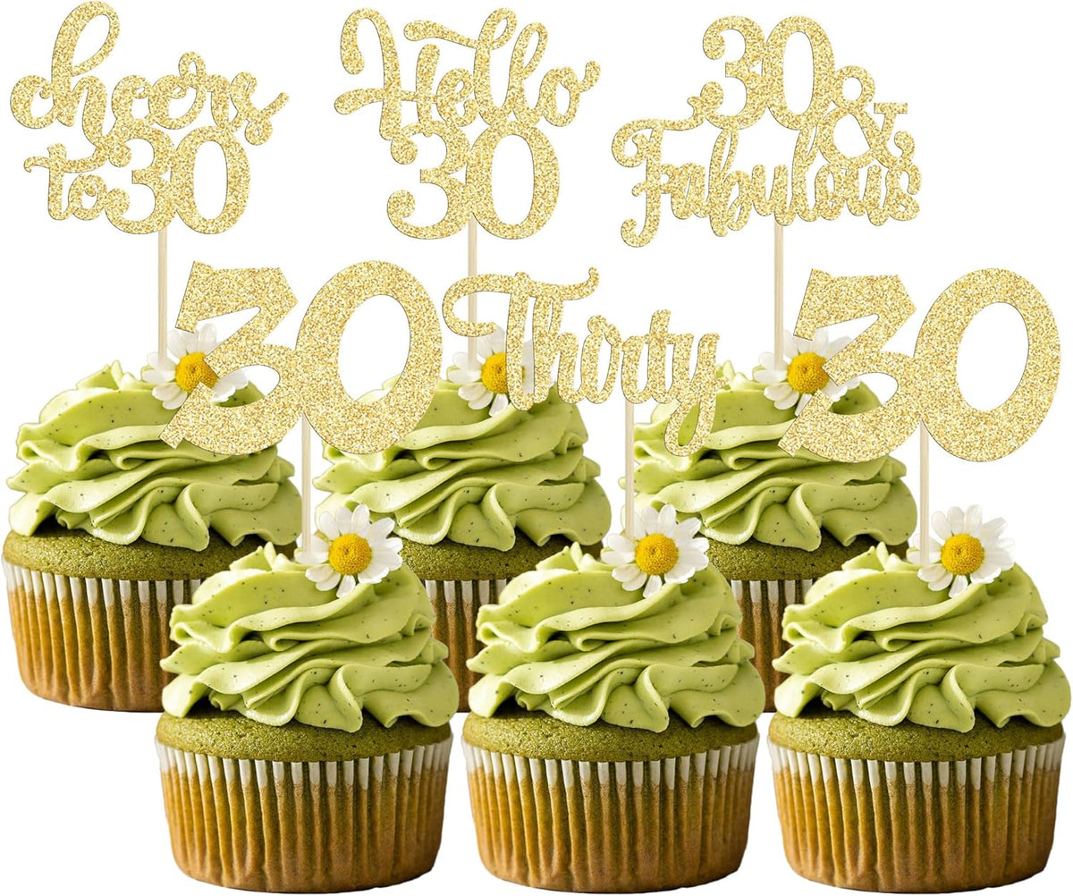 30Pcs Happy 30th Birthday Cupcake Toppers Gold Glitter Thirty Cheers to 30 Birthday Cupcake Picks