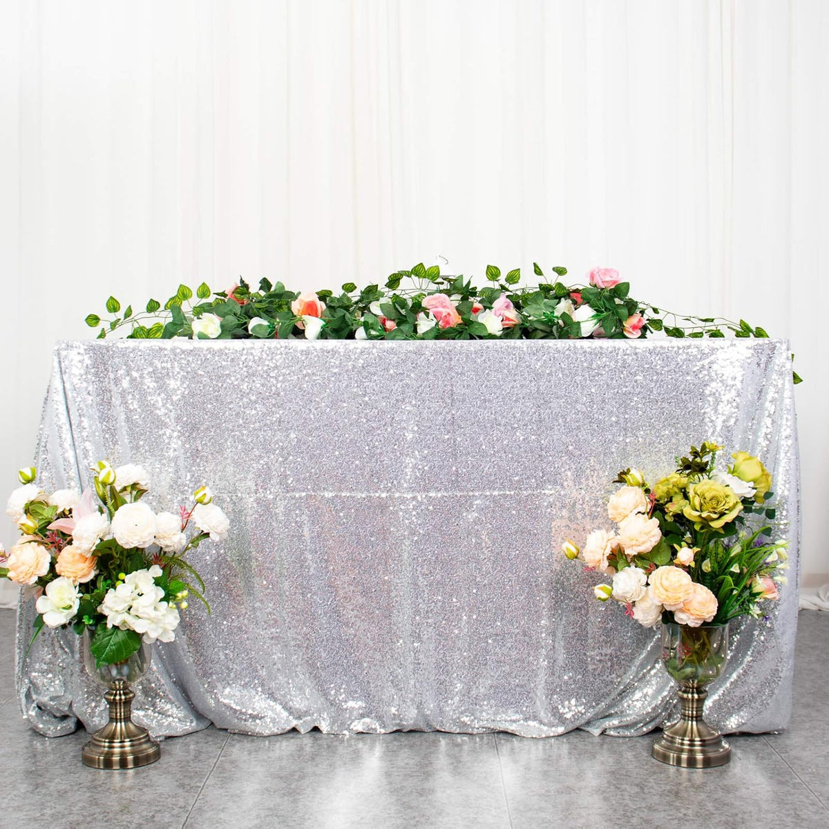 ShinyBeauty 2 Pack 72x72 Inch Silver Sequin Tablecloths - Elegant Square Glitter Tablecloth for