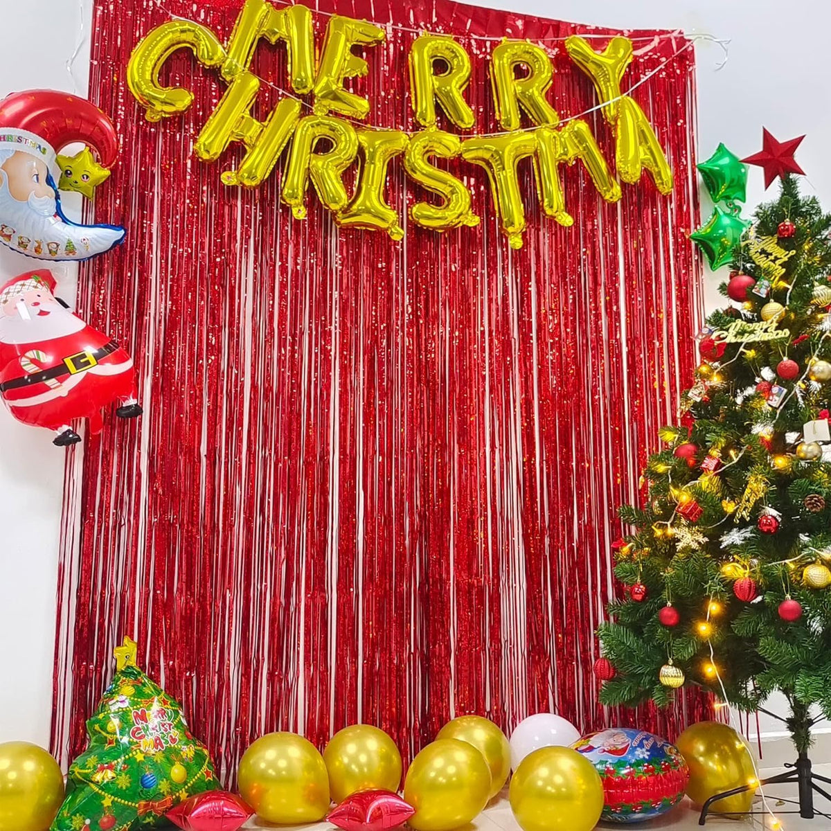 Foil Fringe Curtain Christmas Party Decorations - Red Metallic Tinsel Photo Booth Backdrop Party
