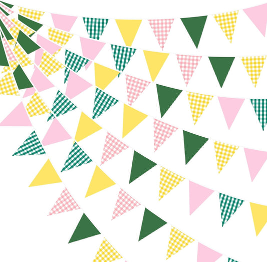 32Ft Camp Bride Party Decorations Pink Green Yellow Gingham Fabric Triangle Banner Flag Plaid