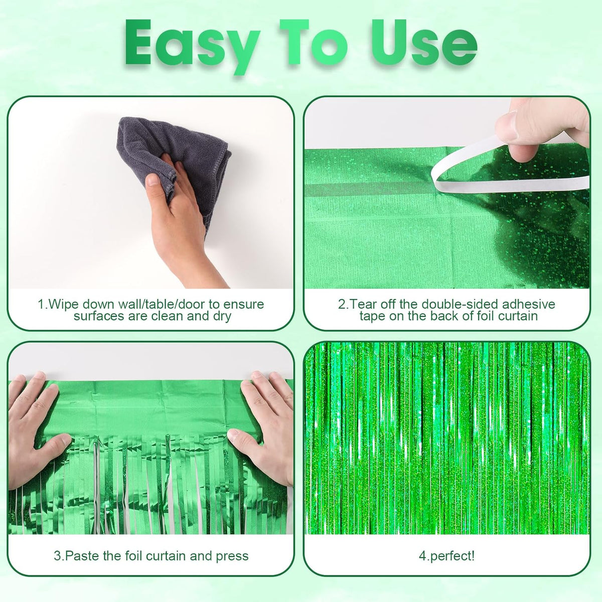 2 Pack Laser Green Tinsel Foil Fringe Curtains, Green Party Decorations, Metallic Tinsel Party