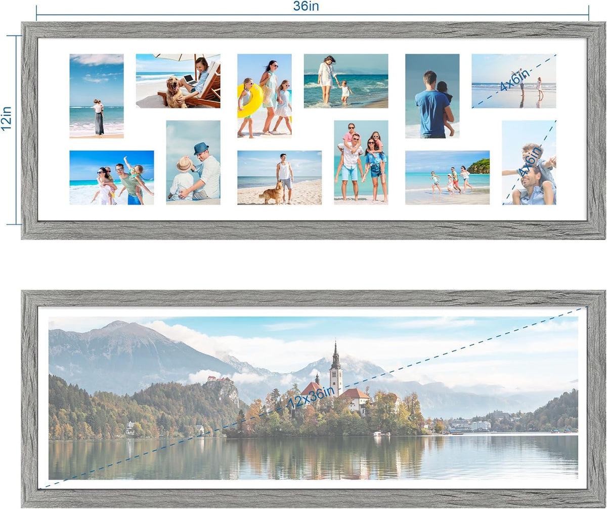 12x36 Picture Frame 2 Packs, Real Glass and Grey Wood Frame, Display Collage Pictures Twelve 4x6