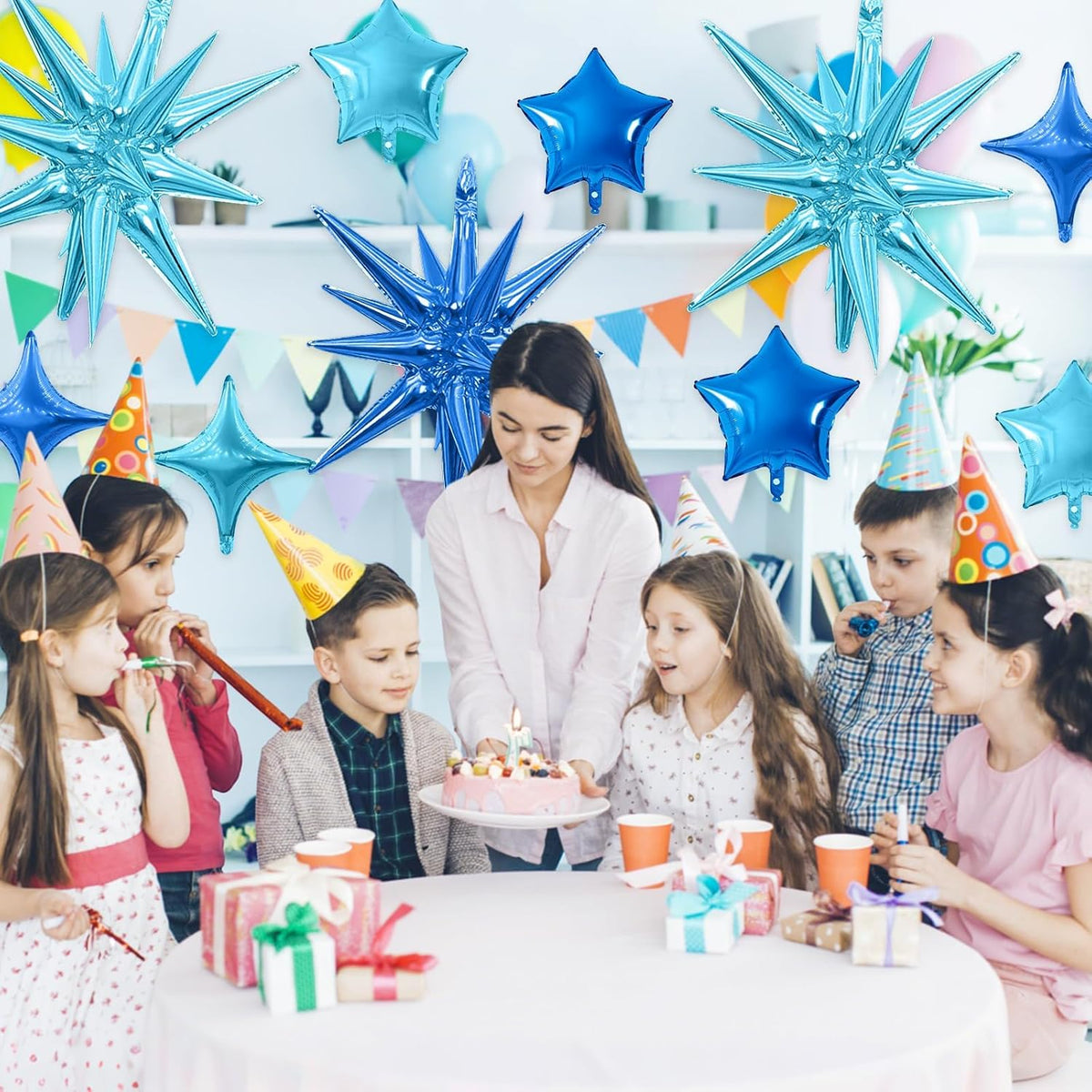 Blue Star Balloon,16Pcs Light Blue Star Foil Balloons Set with 22Inch Explosion Spike Cone Balloons