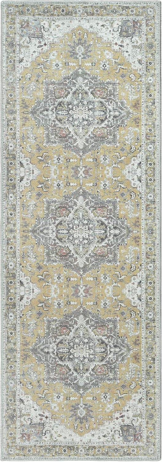 Bloom Rugs Washable Non-Slip 10 ft Runner - Yellow Traditional Medallion Runner for Entryway