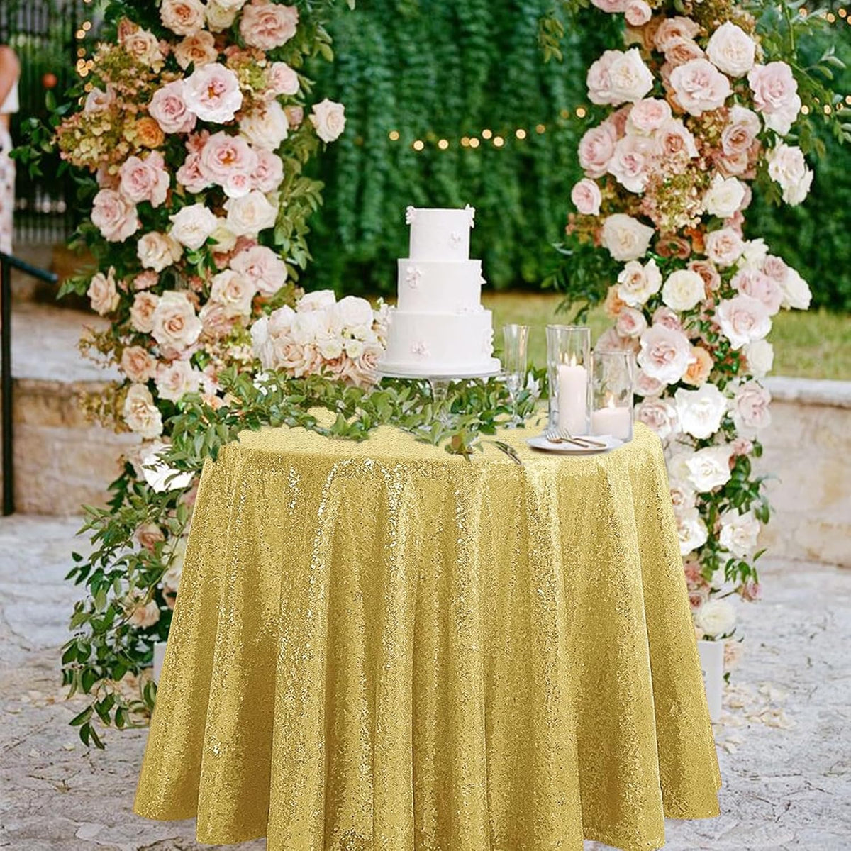 OQSQ Gold 50" Round Sequin Tablecloth, Glitter Tablecloth for Bridal Shower Decorations, Birthday
