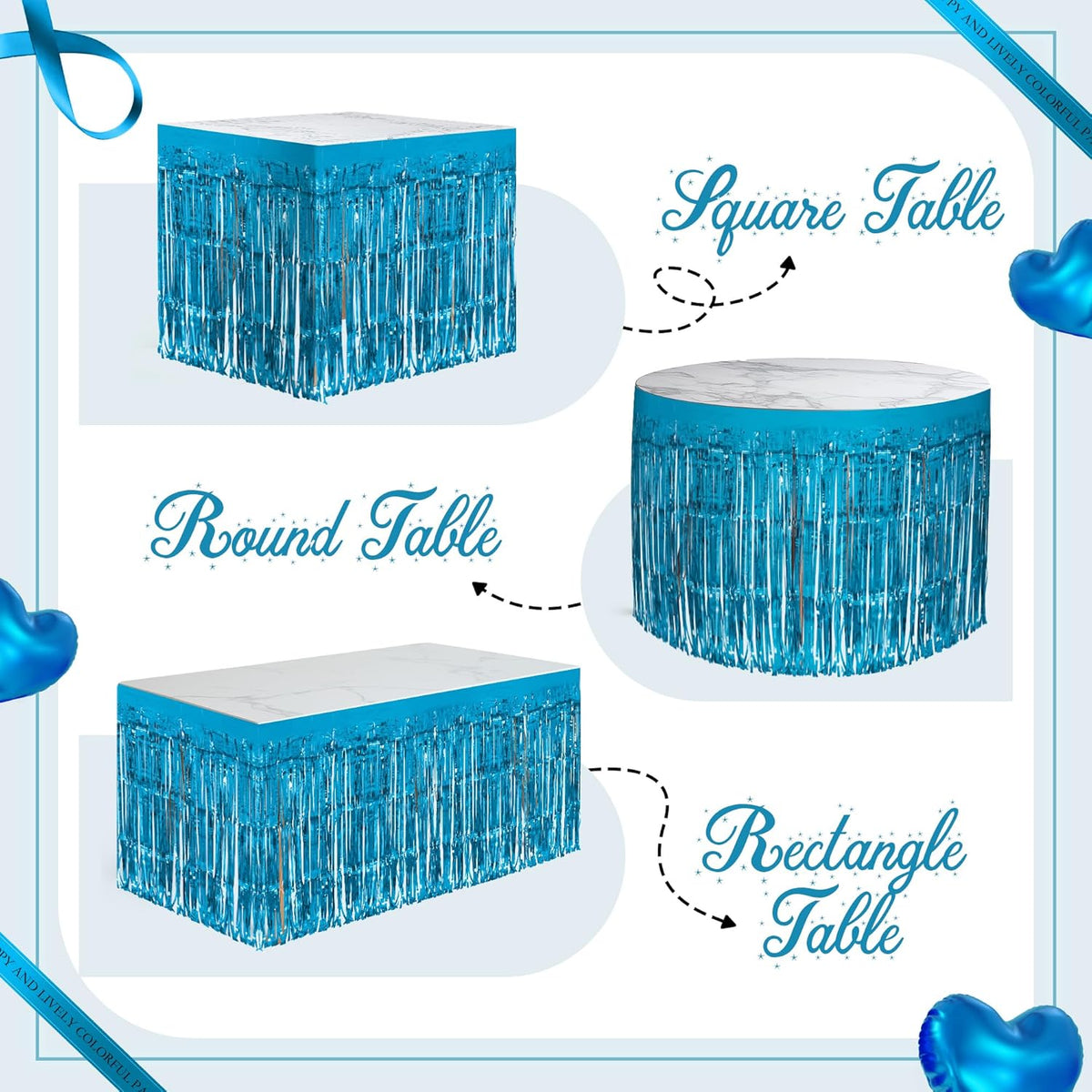4 Pack Lake Blue Table Skirts, 29x108" Metallic Foil Tinsel Fringe Table Skirts for Rectangle