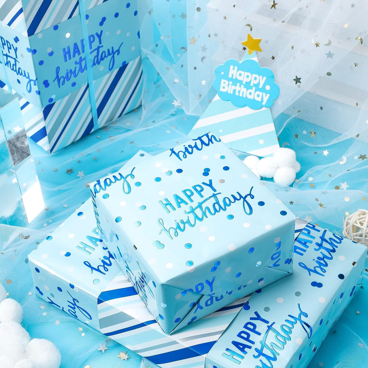 LeZakaa Reversible Blue Birthday Wrapping Paper Roll for Boys Men, Happy Birthday Lettering &